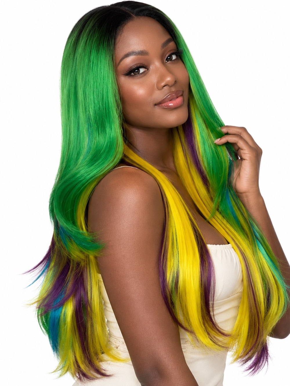 Rainbow pastel Vibrant Green & Yellow blue brown lace front middle part
